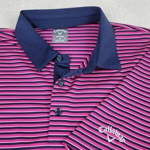 Callaway Mens XL Pink Navy Striped Opti-Dri Performance Golf Active Polo Shirt